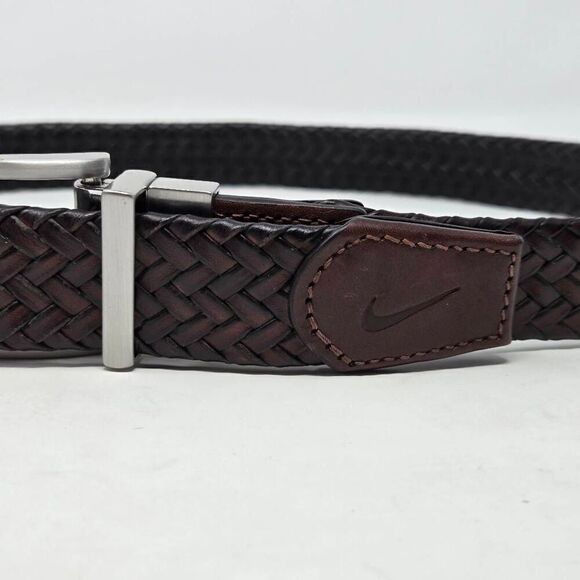 NIKE BROWN BLACK LEATHER SILVER BUCKLE WOVEN REVERSIBLE MENS GOLF BELT SIZE 32 - Picture 2 of 4